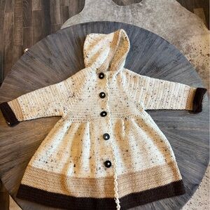 Homemade Crocheted‎ Cream and Brown Hooded Girls Cardigan. Bow Detail on Back.